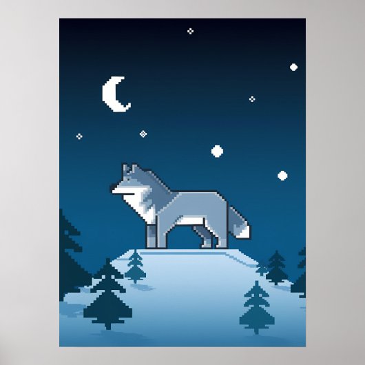 Poster Pixel Art Wolf solitaire sous la lune (Devant)