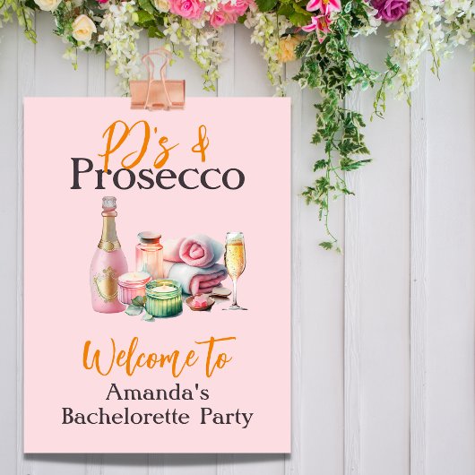 Poster Pjs et Prosecco Spa rose Bachelorette Party