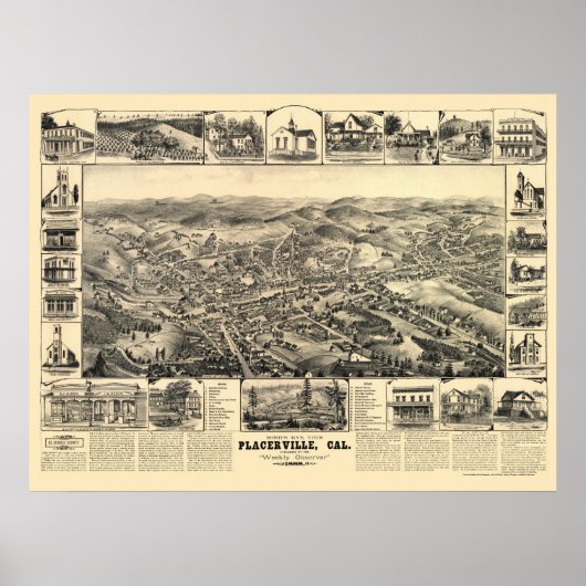 Poster Placerville, CA Carte panoramique - 1888 (Devant)