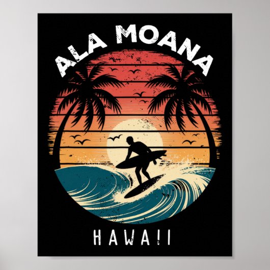 Poster Plage Ala Moana Hawaii Surfboard Vagues Plage  (Devant)