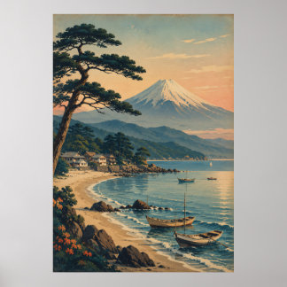 Poster Plage au clair de lune du mont Fuji Paysage japona