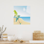 Poster Plage avec Parapluie, Palmiers et Beach Ball (Cuisine)