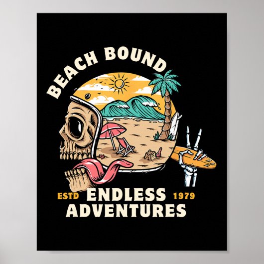 Poster Plage, Casque de Crâne Lié Surfant Squelette Avent (Devant)