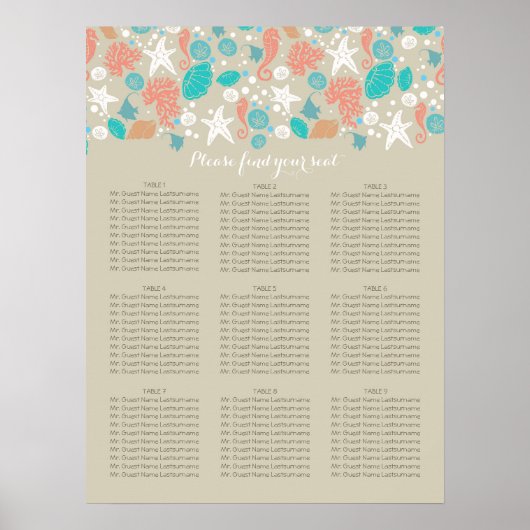 Poster Plage Côte Nautique Mer Mariage Cartes de siège (Devant)