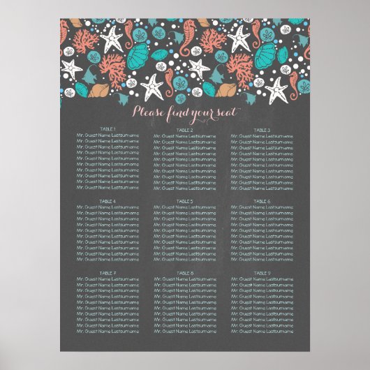 Poster Plage Côte Nautique Mer Mariage Cartes de siège (Devant)