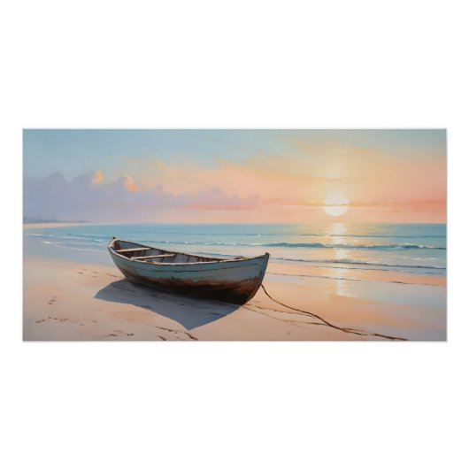 Poster Plage côtière tranquille de l'heure dorée avec bat (Devant)