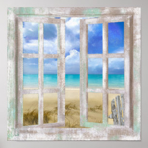 Poster Plage dans Open Window chalet côtier Imprimer