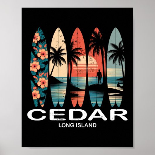 Poster Plage de Cedar Long Island Planche de surf Rétro (Devant)