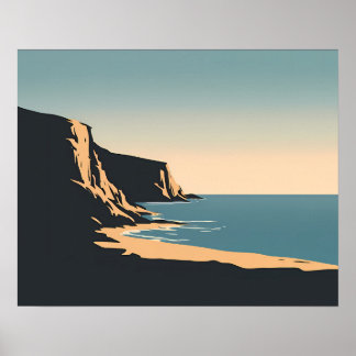 Poster Plage de coucher de soleil doré aux falaises côtiè