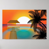 Poster Plage de coucher de soleil orange avec palmier (Devant)