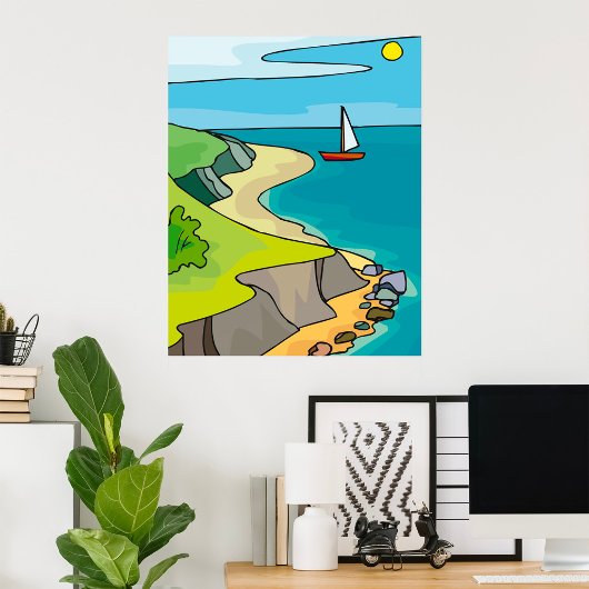 Poster Plage de falaise côtière voilier