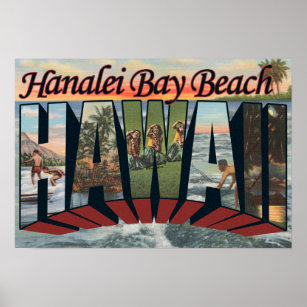 Poster Plage de Hanalei Bay, Hawaii - Scènes à grandes le