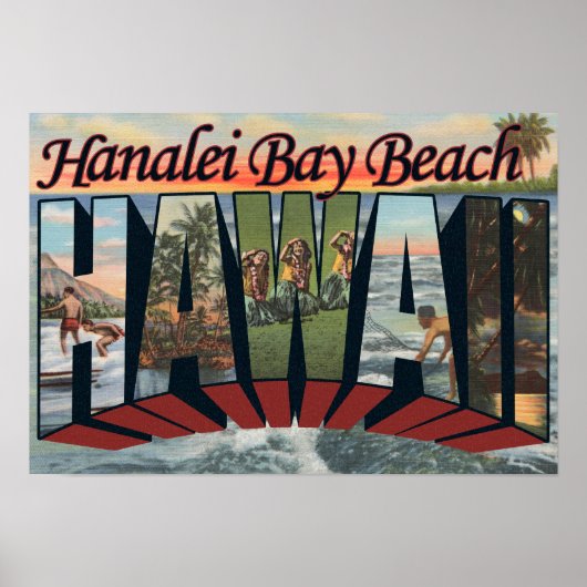 Poster Plage de Hanalei Bay, Hawaii - Scènes à grandes le (Devant)