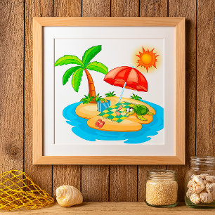 Poster Plage de l'île tropicale Tortue Palmier Pique-niqu