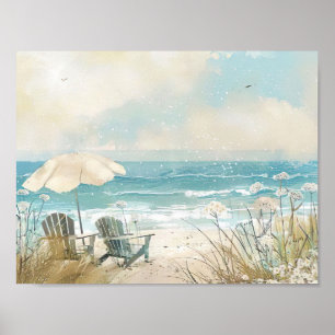 Poster Plage de style aquarelle scène avec chaises blanch