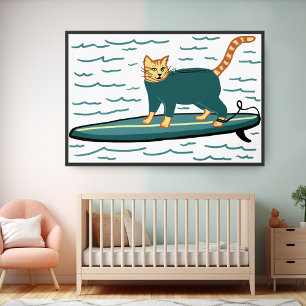 Poster Plage de surf Tabby Chat Amusants Cool Nursery Kid