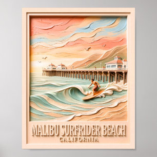 Poster Plage de Surfrider à Malibu Surfant Texte 3D Vinta