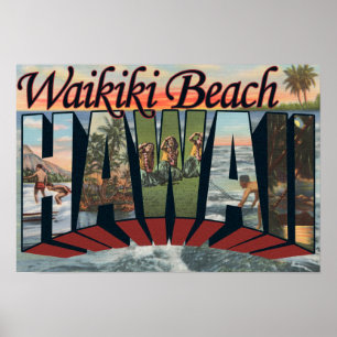 Poster Plage de Waikiki, Hawaii - Scènes à grandes lettre