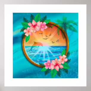 Poster Plage d'été Les oiseaux de l'océan volent dans le
