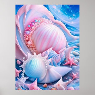 Poster Plage d'Imaginaire bleu et rose