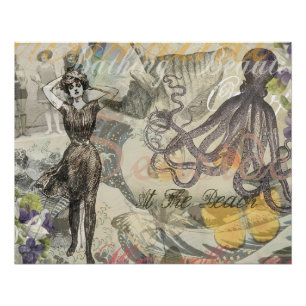 Poster Plage du poulpe Antique Steampunk côtier