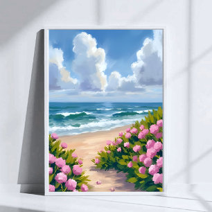 Poster Plage en fleurs Hydrangea rose Côte océane côtiè