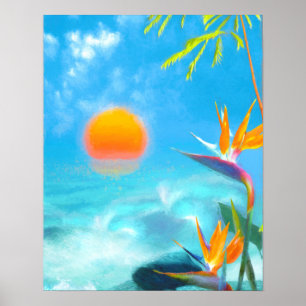 Poster PLAGE ENSOLEILLÉE Oiseaux du paradis