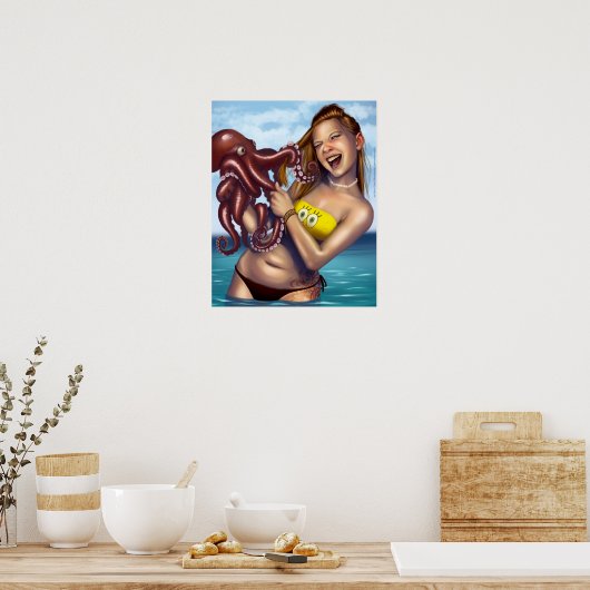 Poster Plage fille contre Octopus (Cuisine)