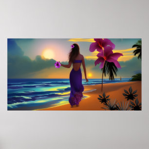 Poster Plage lune promenade femme bleu mer robe