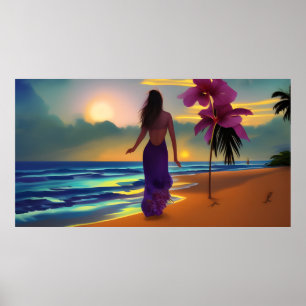 Poster Plage lune promenade femme océan palmiers violets