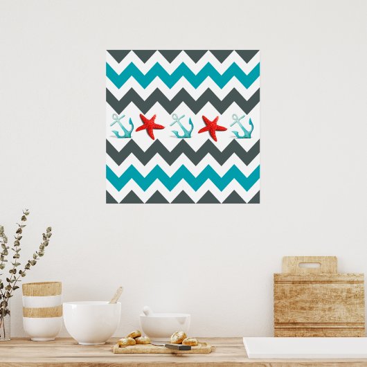 Poster Plage nautique thème Chevron Ancres Starfish (Cuisine)
