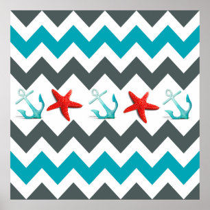 Poster Plage nautique thème Chevron Ancres Starfish