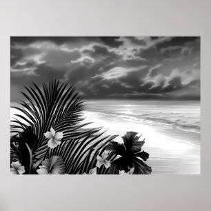 Poster Plage Océan Palmier Fleurs d'hibiscus noir blanc