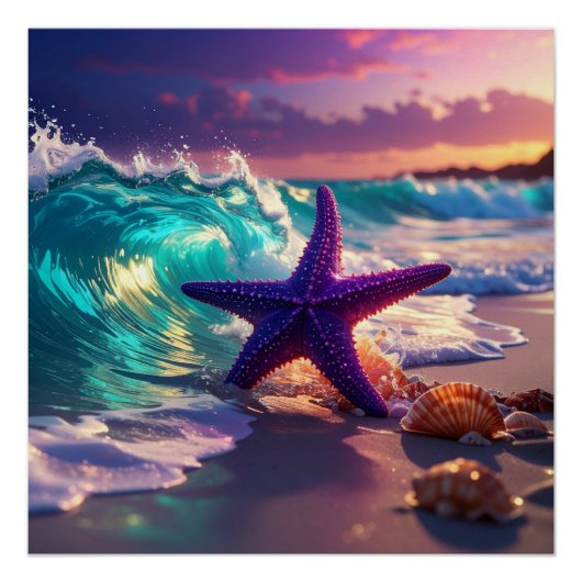 Poster Plage océanique avec étoile de mer violette (Devant)