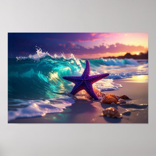 Poster Plage océanique avec étoile de mer violette (Devant)