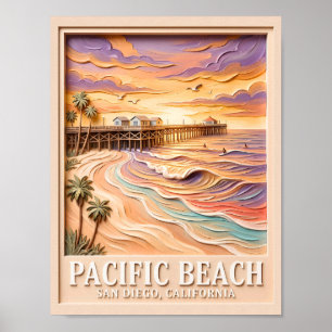 Poster Plage Pacifique San Diego 3D Surf Voyage Texturé