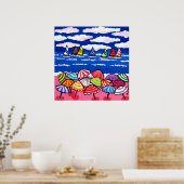 Poster Plage Parasols Bateaux à voile Fun Art folklorique (Cuisine)