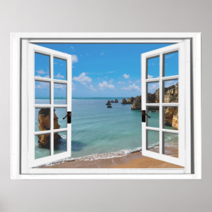 Poster Plage Relaxante Vue Océan Fenêtre Faux