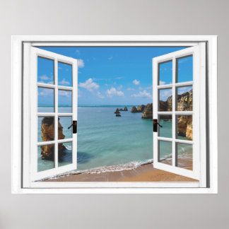 Poster Plage Relaxante Vue Océan Fenêtre Faux