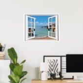 Poster Plage Relaxante Vue Océan Fenêtre Faux (Bureau à domicile)