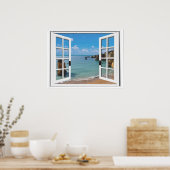 Poster Plage Relaxante Vue Océan Fenêtre Faux (Cuisine)