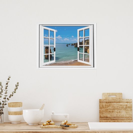 Poster Plage Relaxante Vue Océan Fenêtre Faux (Cuisine)