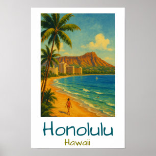 Poster Plage Rétro Honolulu Hawaii Waikiki