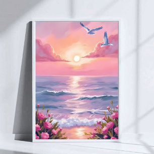 Poster Plage Rose Aquarelle Côtière de Coucher de Solei