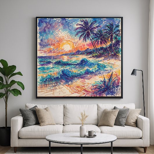 Poster Plage Scribbles - Ligne Art Style Paysage