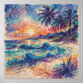 Poster Plage Scribbles - Ligne Art Style Paysage (Devant)