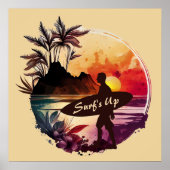 Poster Plage Sunset Surfer Rétro (Devant)