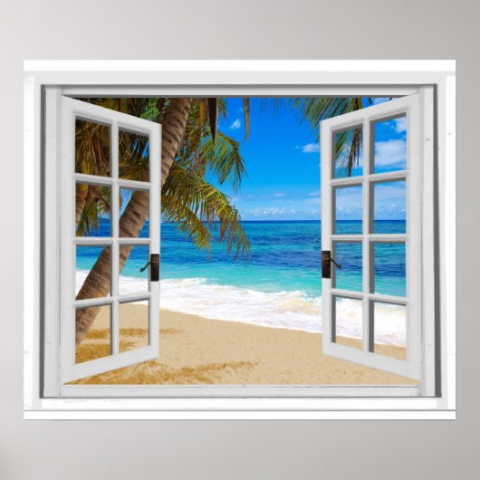 Poster Plage tranquille vue sur l'océan Fausse fenêtre (Devant)