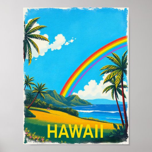 Poster Plage tropicale à Hawaii avec arc en ciel (Devant)