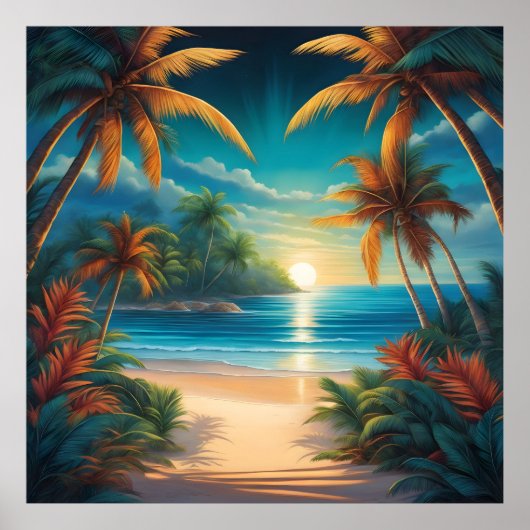 Poster Plage tropicale avec palmiers (Devant)